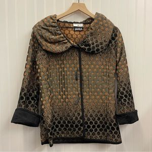 Yak Magik Tan & Black Brocade Circle Pattern on Pewter Satin Wide Collar Jacket